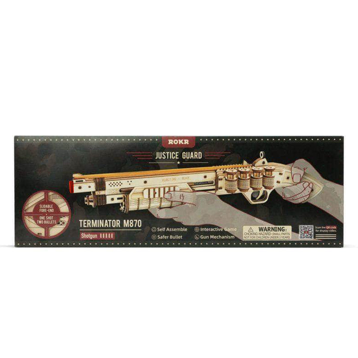 ROKR Terminator M870 Justice Guard Gun LQ501 3D wooden puzzle, top-down view of the assembled model