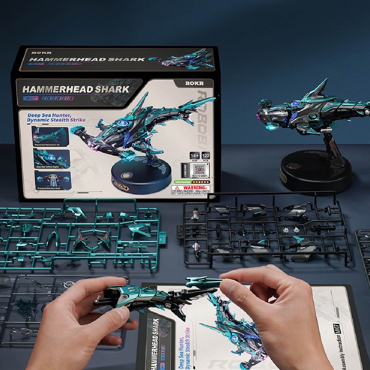 ROKR Hammerhead Shark Model 3D Puzzle MI07 3D wooden puzzle model, styled lifestyle scene with model assembled