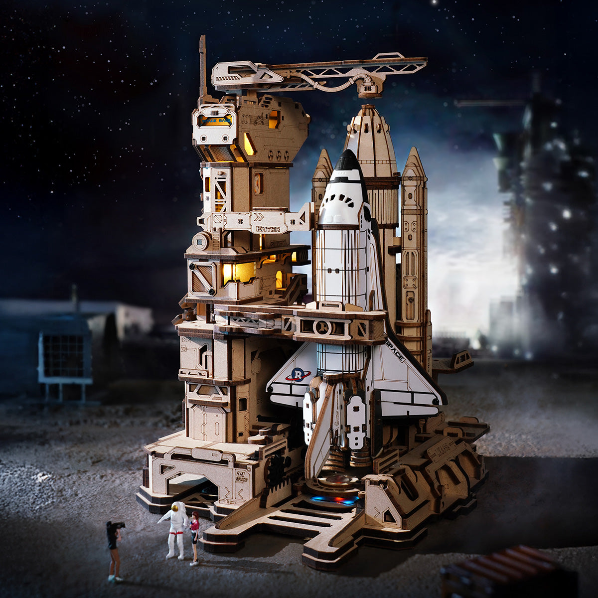 ROKR Space Shuttle LKA02 1:420 scale wooden shuttle model in a larger format vintage-style retro card showing the shuttle side-on with rocket equation reference