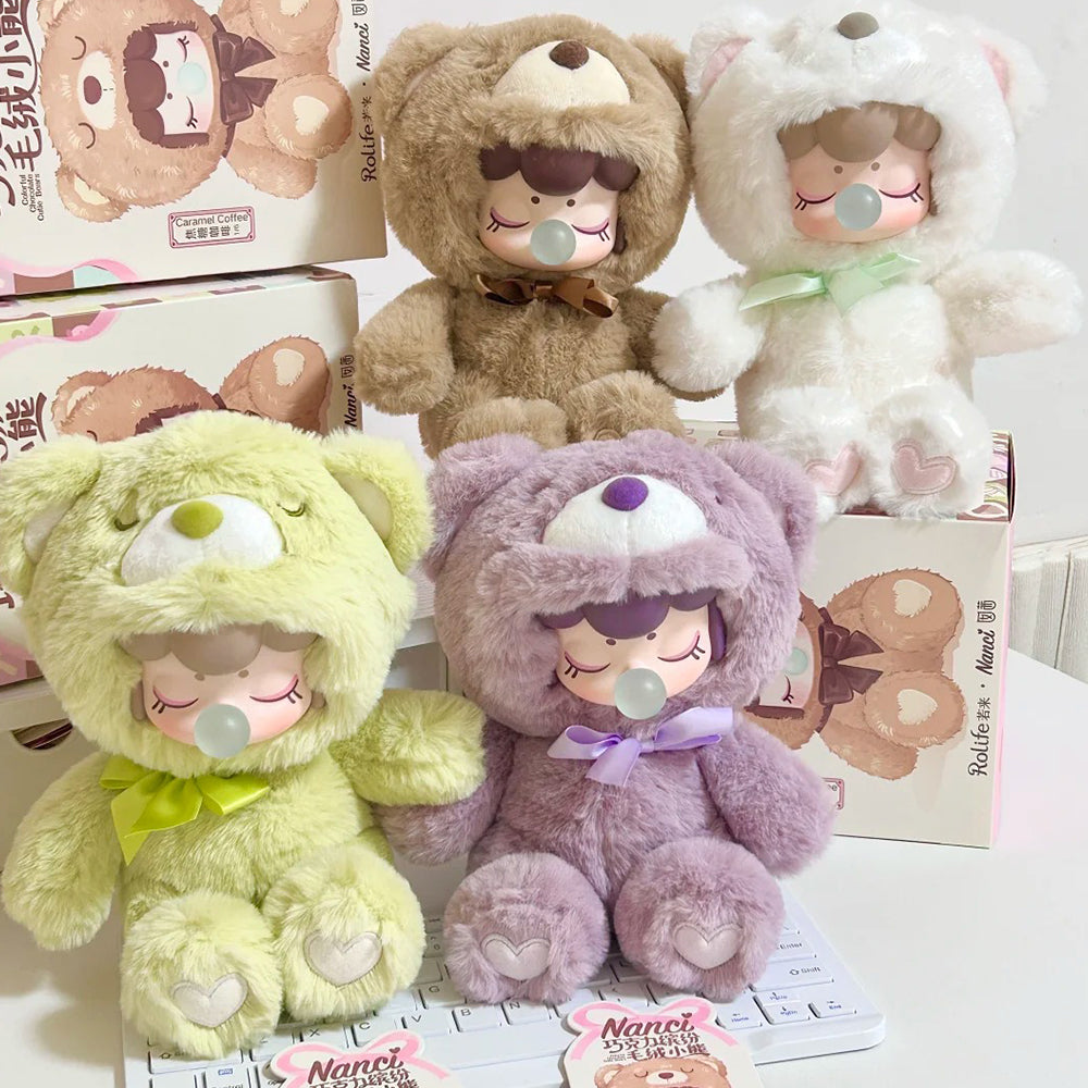 Four Rolife BabyNanci fluffy bear plush dolls in pastel green purple beige and lavender