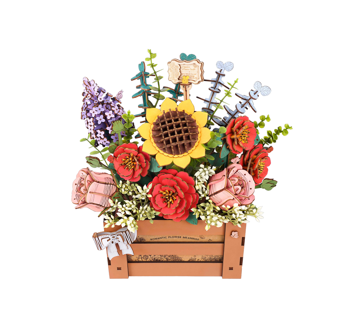 Rowood wooden flower bouquet kit in a crate planter with sunflowers, roses and purple blooms