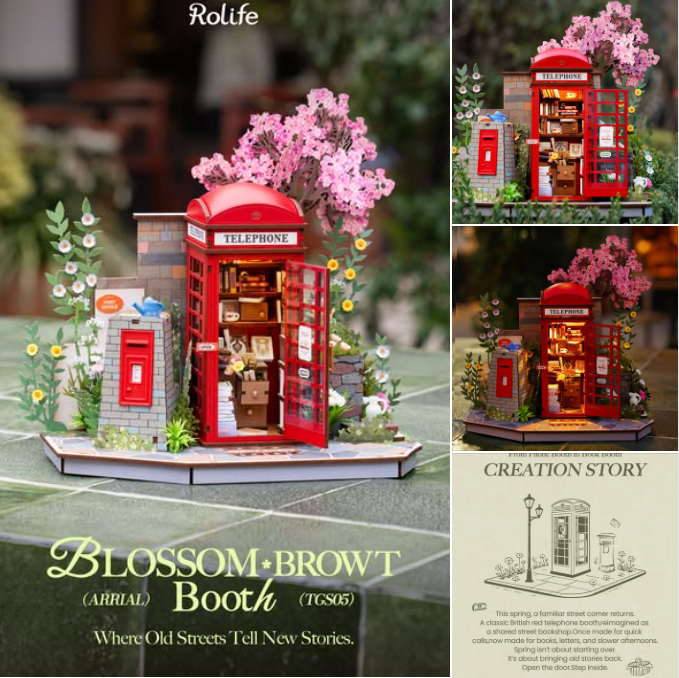 Rolife Blossom Book Booth TGS05 promotional card showing red telephone box with cherry blossoms Born to Bloom tagline and