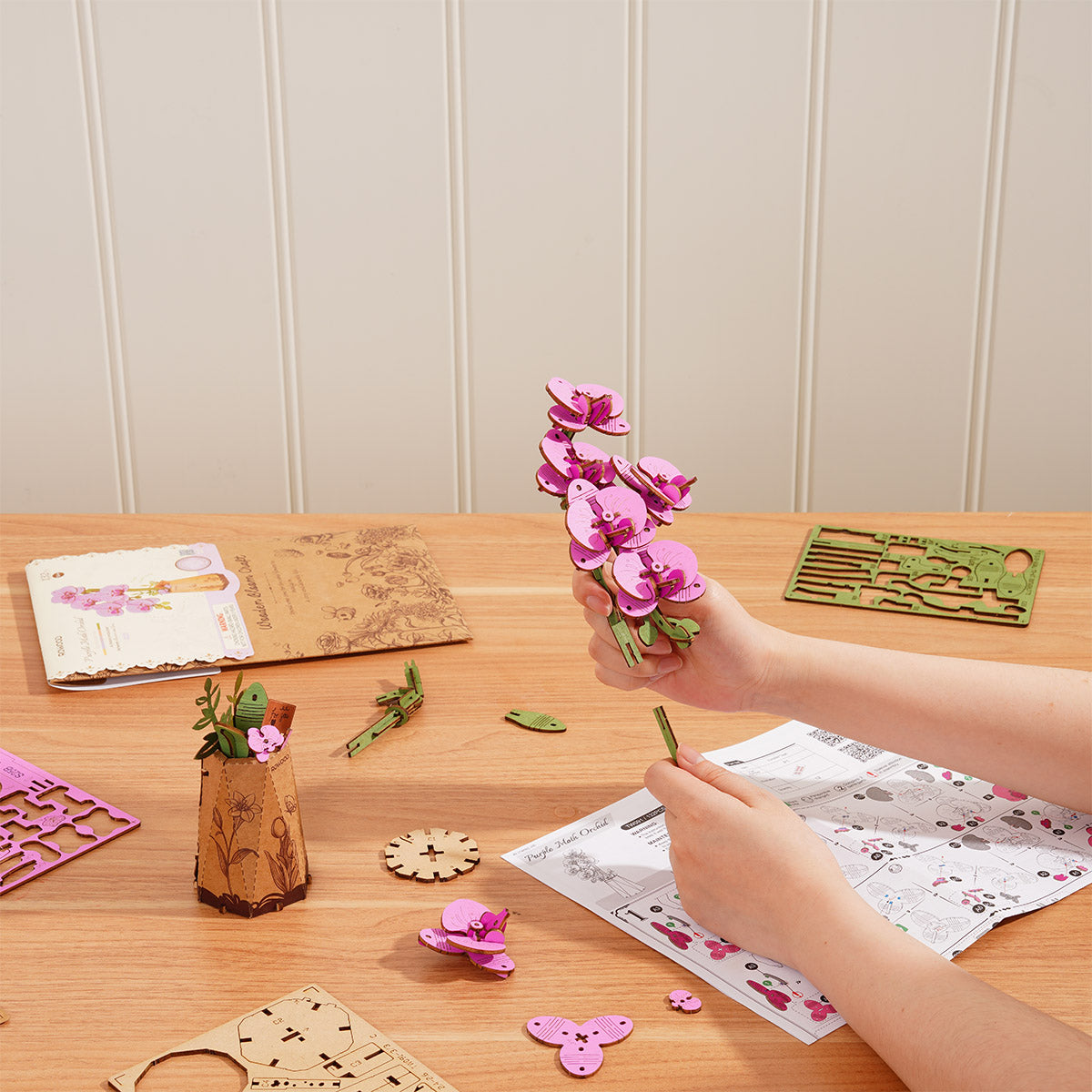 Rowood Purple Moth Orchid DIY Flower 3D Wooden Puzzle TW091, 3D wooden DIY flower puzzle, lifestyle scene