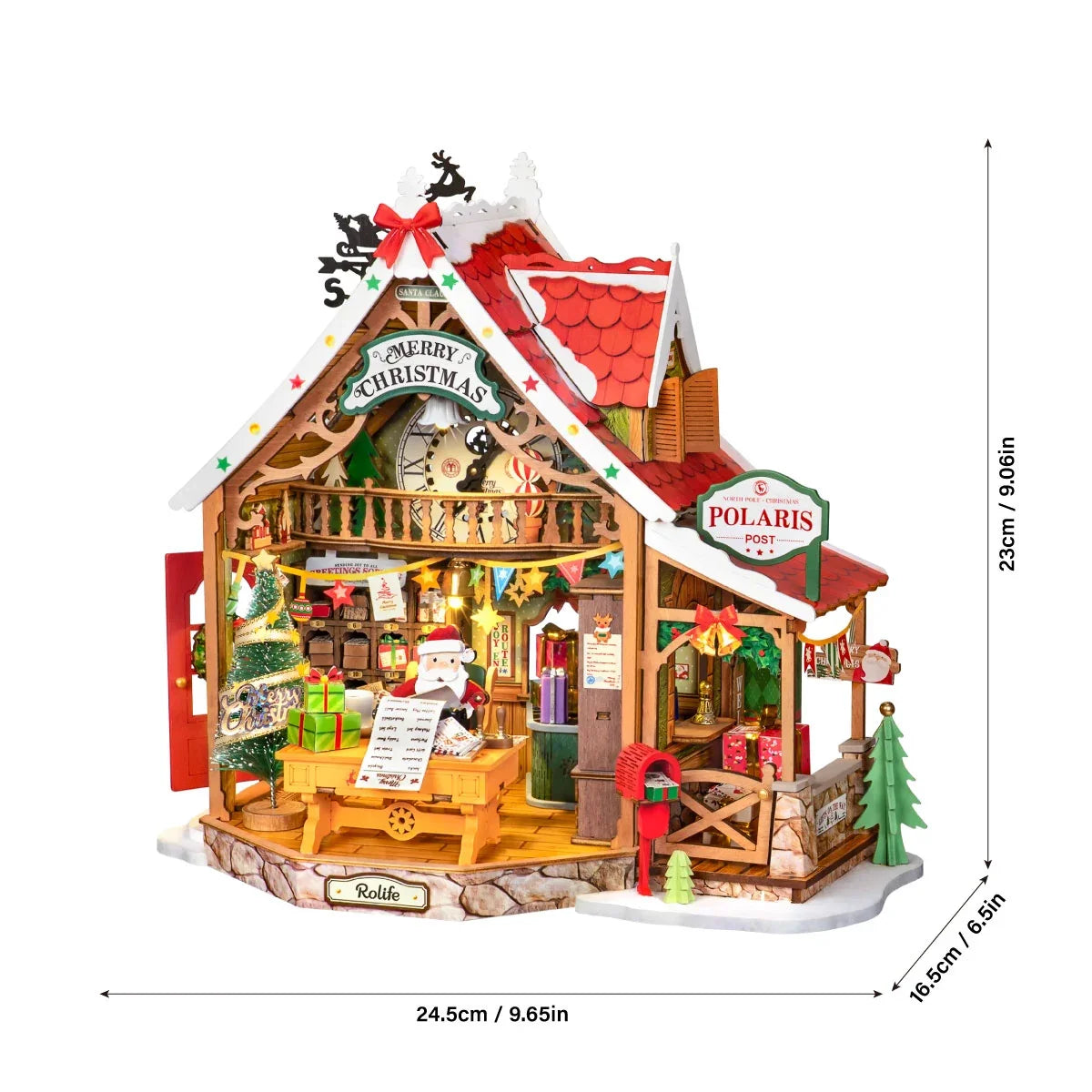 Rolife-Weihnachtspostamt im Miniaturformat, Maße: 24,5 cm / 9,65 in breit, 23 cm / 9,06 in hoch und 16,5 cm / 6,5 in tief.