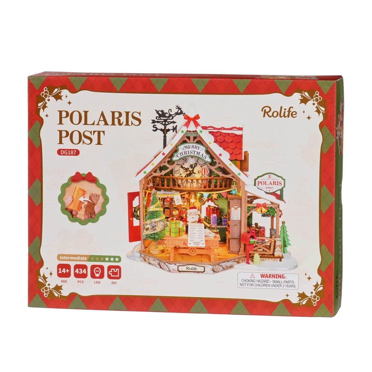 Rolife Polaris Post DG187 Verpackungsbox mit beleuchtetem Miniatur-Weihnachtspostamt, Weihnachtsmann, Baum, Geschenken, Briefkasten und Rentier-Wetterfahne; Aufdruck 14+, 434 PCS, LED, DIY, Intermediate.