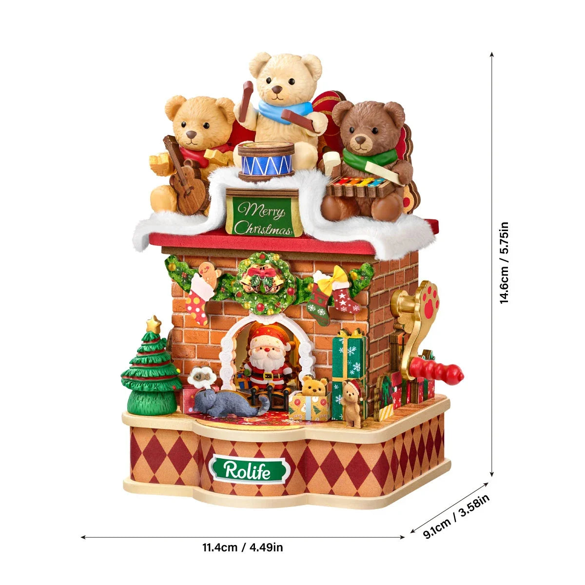 Rolife-Weihnachts-Kaminspieluhr, Maße: 11,4 cm / 4,49 in breit, 14,6 cm / 5,75 in hoch und 9,1 cm / 3,58 in tief.