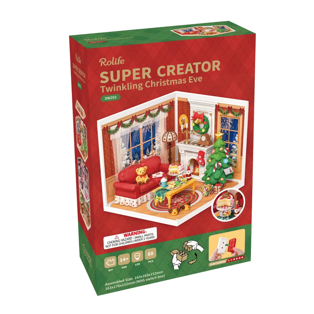 Rolife Super Creator Twinkling Christmas Eve Box, DWZ03, mit festlichem Miniaturzimmer, 88 Teilen, LED, Altersangabe 14+, mittlerem Schwierigkeitsgrad und Fertigmaßen 163 × 163 × 152 mm.