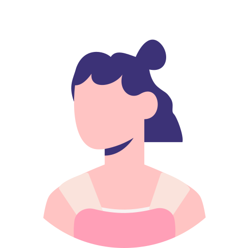 Flat illustration of a female user avatar with a dark hair bun and pink striped top for the Robotime Online review section.