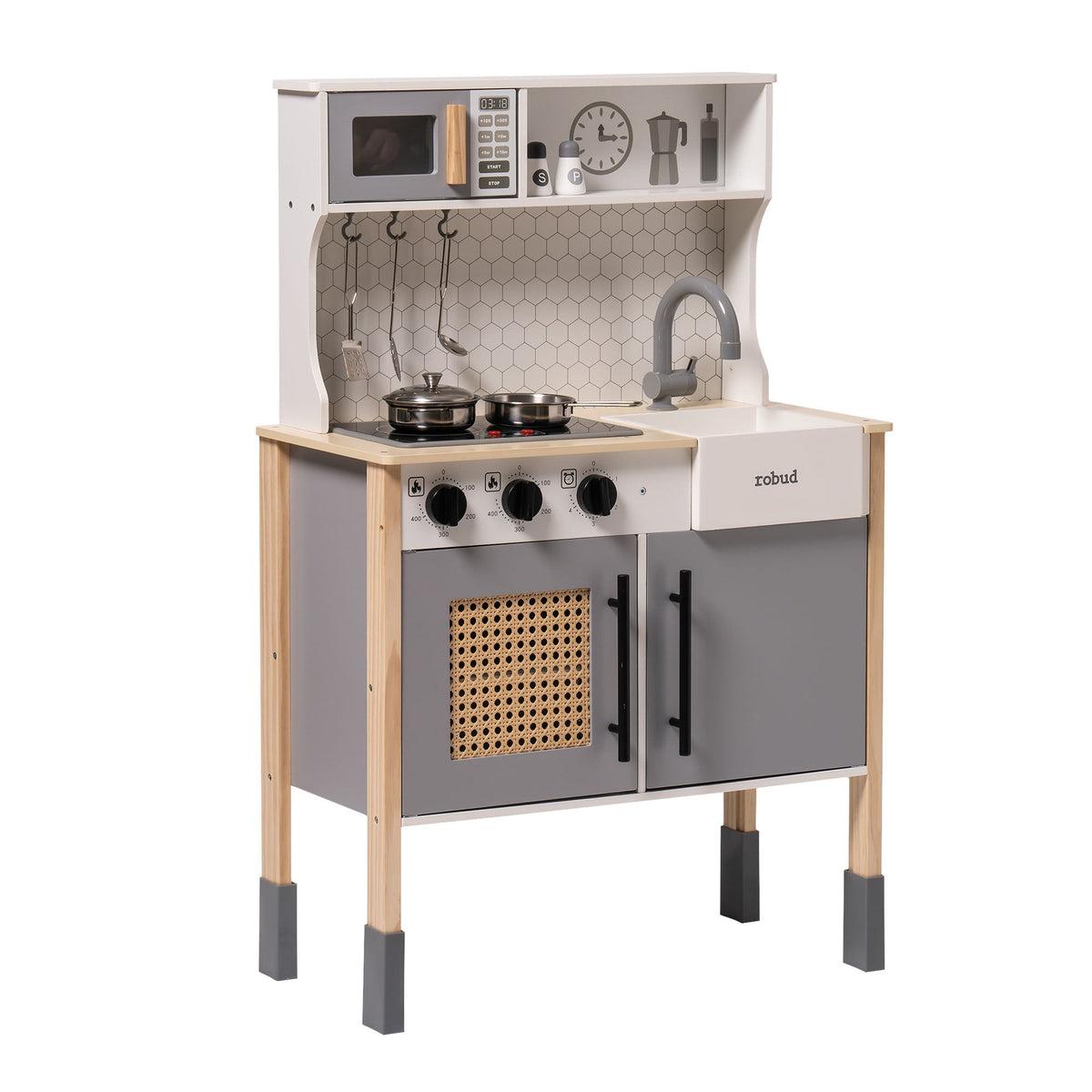Robud vintage play kitchen full front view in grey tones with rattan oven door and gold-tone fixtures