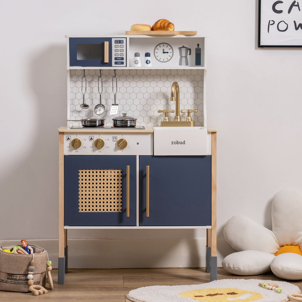 Robud navy blue and rattan modern vintage play kitchen with gold tap, microwave and oven for kids