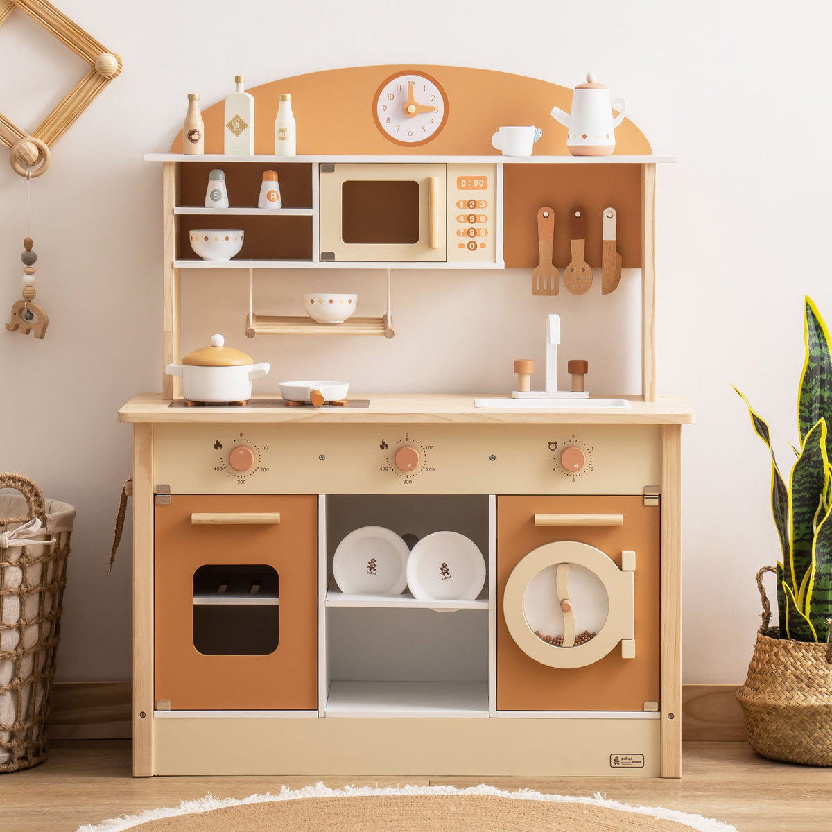 Robud Wooden Play Kitchen with Realistic Accessories 3D wooden model kit, macro shot of textured surface and grain