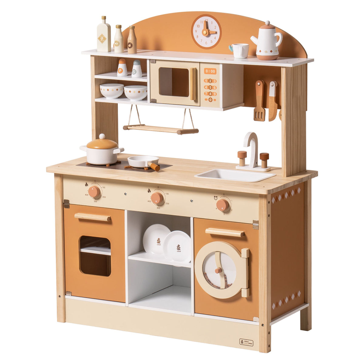 Robud Wooden Play Kitchen with Realistic Accessories 3D wooden model kit, front view on a neutral background
