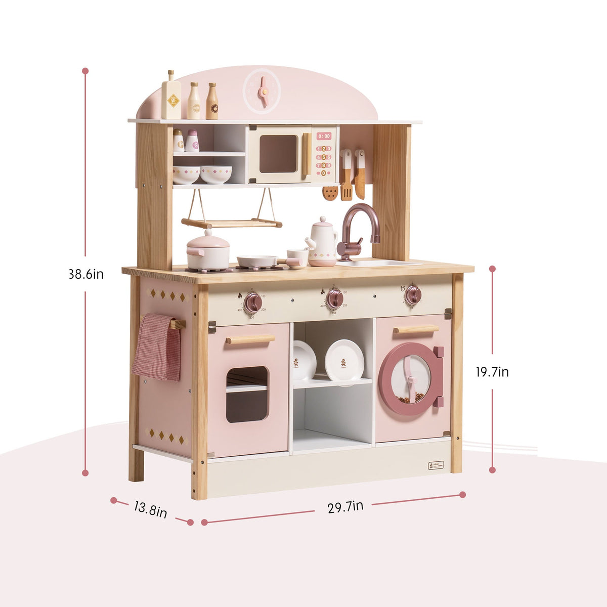Robud Wooden Play Kitchen with Realistic Accessories 3D wooden model kit, lifestyle scene on a wooden desk