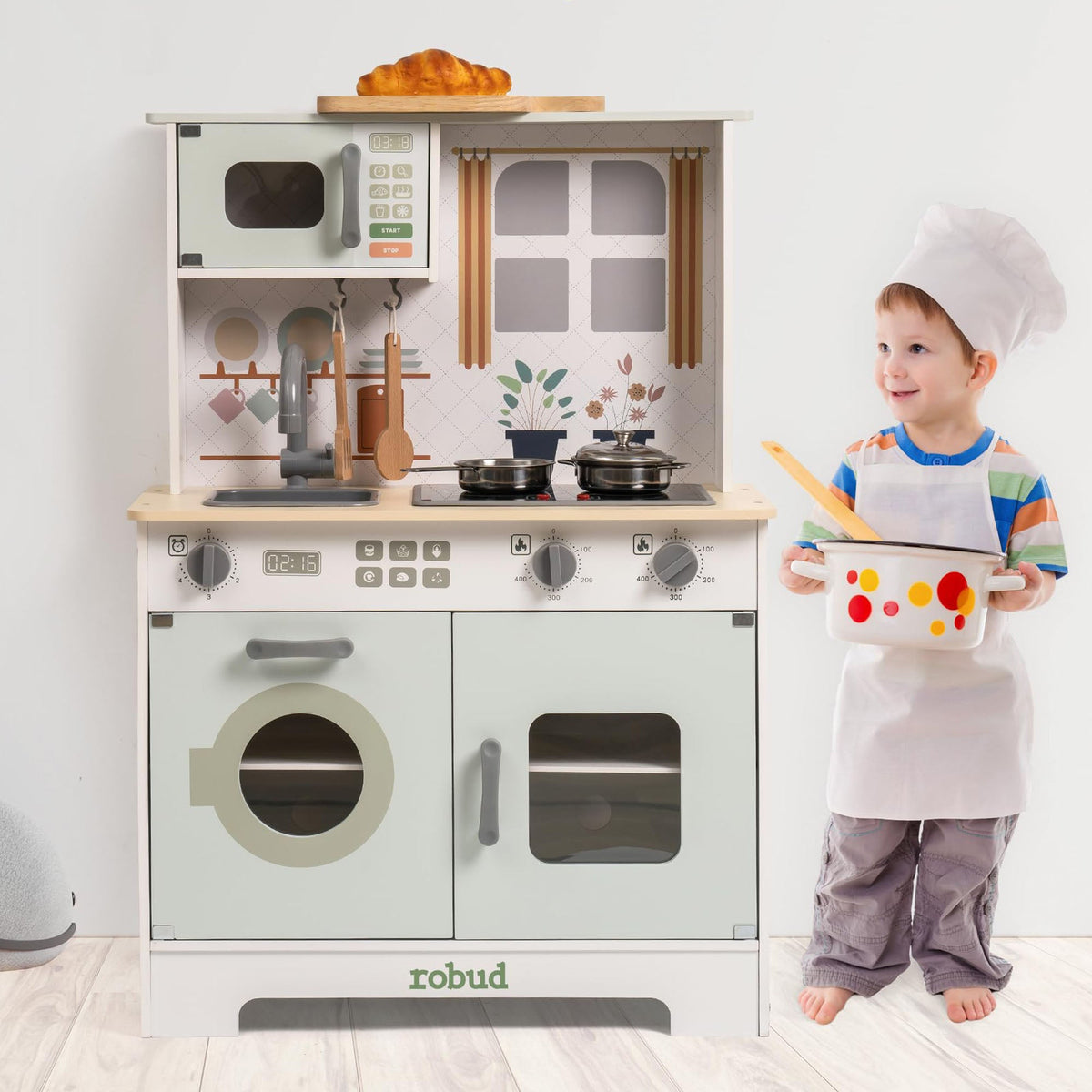 Robud modern green play kitchen with rattan cabinet door panel, gold handles and built-in ice dispenser.