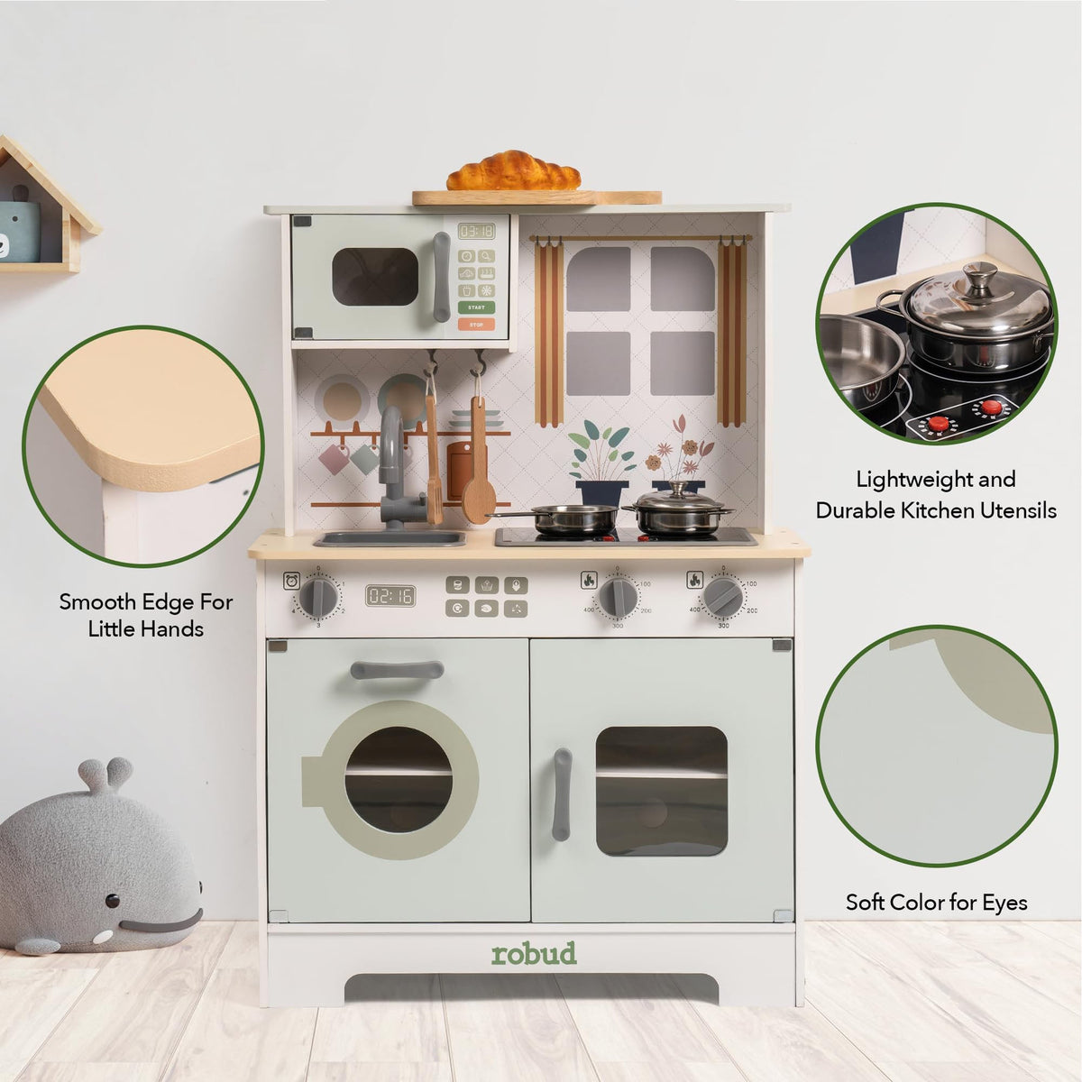 Robud green wooden play kitchen with open lower cabinet doors revealing storage shelves inside.
